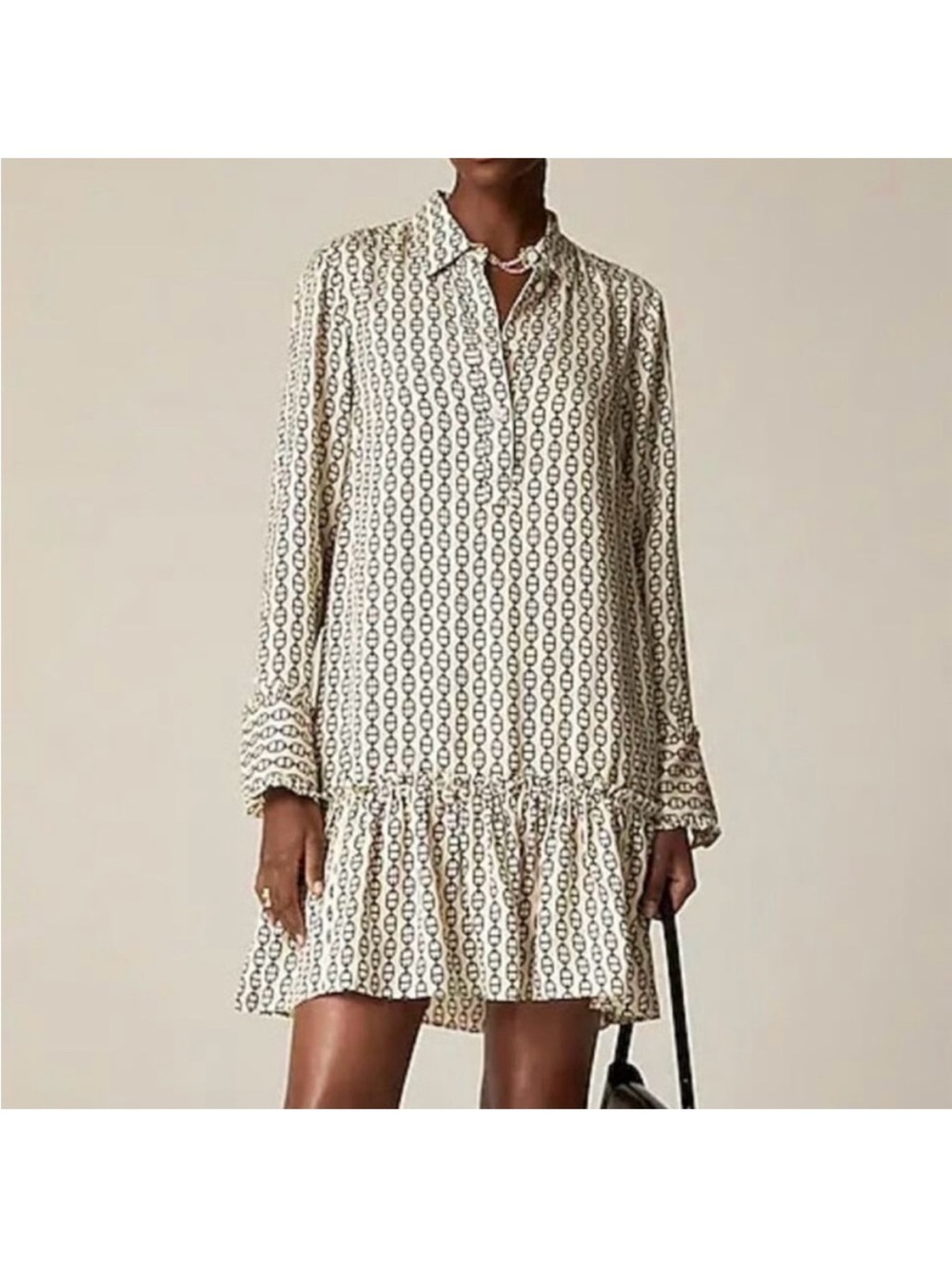J. Crew Amelia Ivory Printed Ruffle-Hem Mini Dress with Long Sleeves